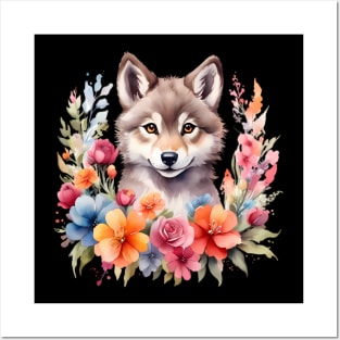 A wolf decorated with beautiful watercolor flowers Posters and Art